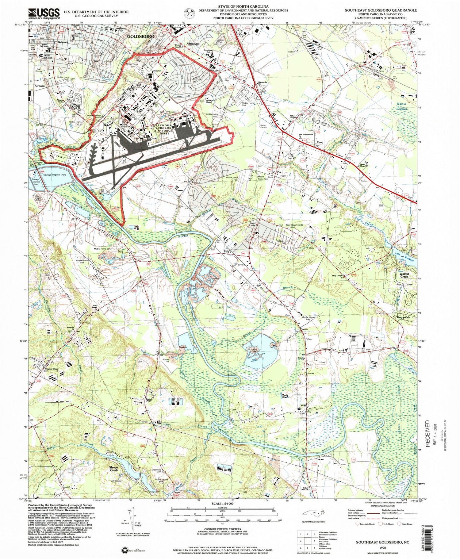 Classic USGS Southeast Goldsboro North Carolina 7.5'x7.5' Topo Map Image