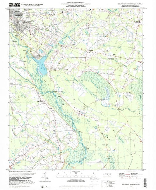 Classic USGS Southeast Lumberton North Carolina 7.5'x7.5' Topo Map Image