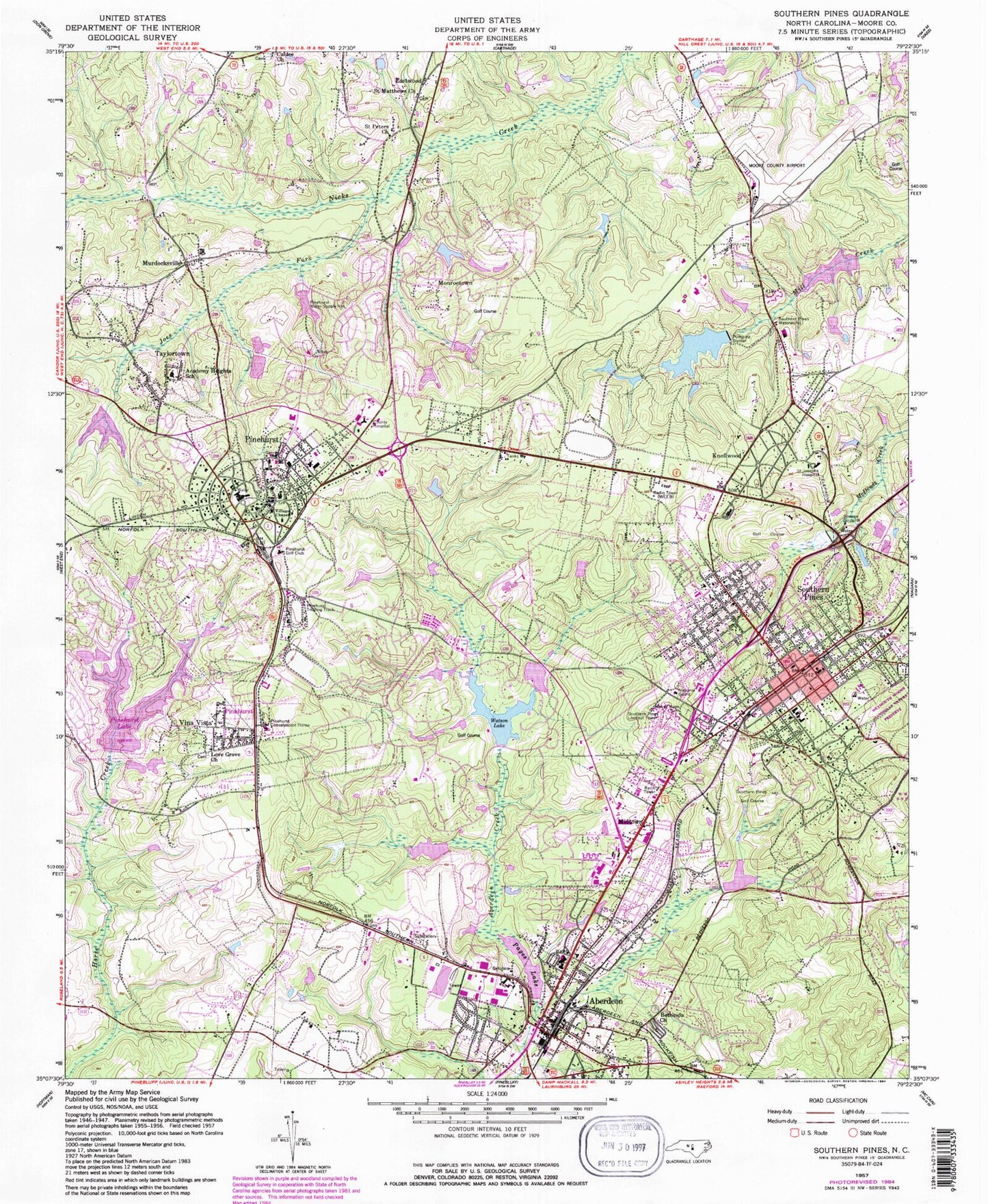 Classic USGS Southern Pines North Carolina 7.5'x7.5' Topo Map Image