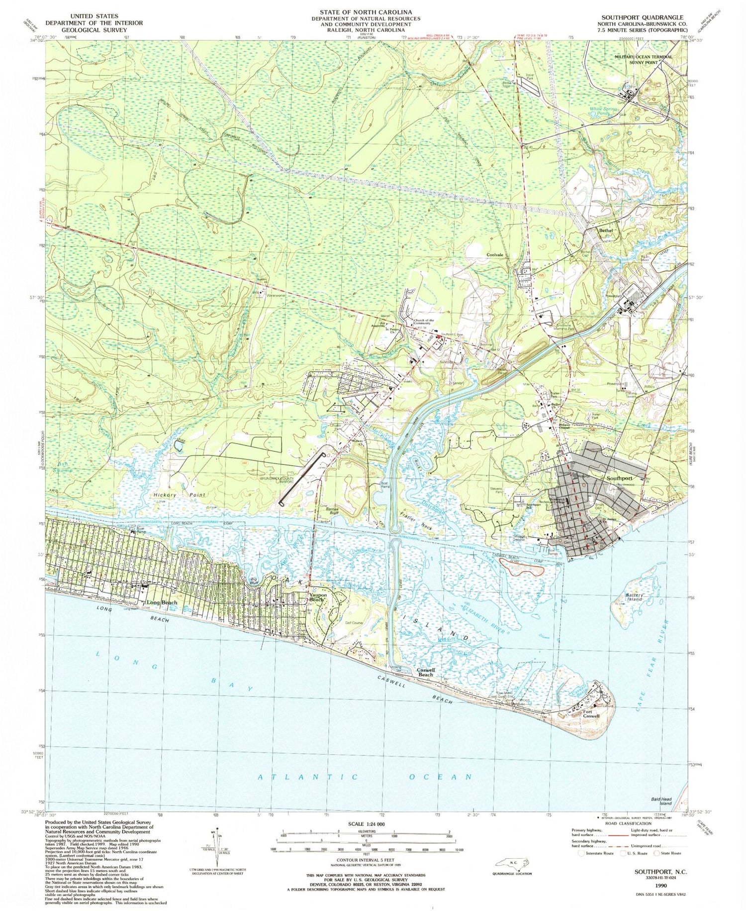 Classic USGS Southport North Carolina 7.5'x7.5' Topo Map Image