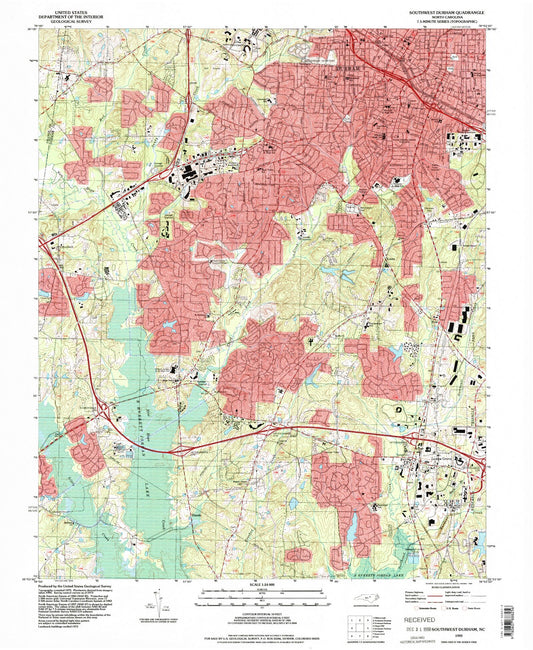 Classic USGS Southwest Durham North Carolina 7.5'x7.5' Topo Map Image