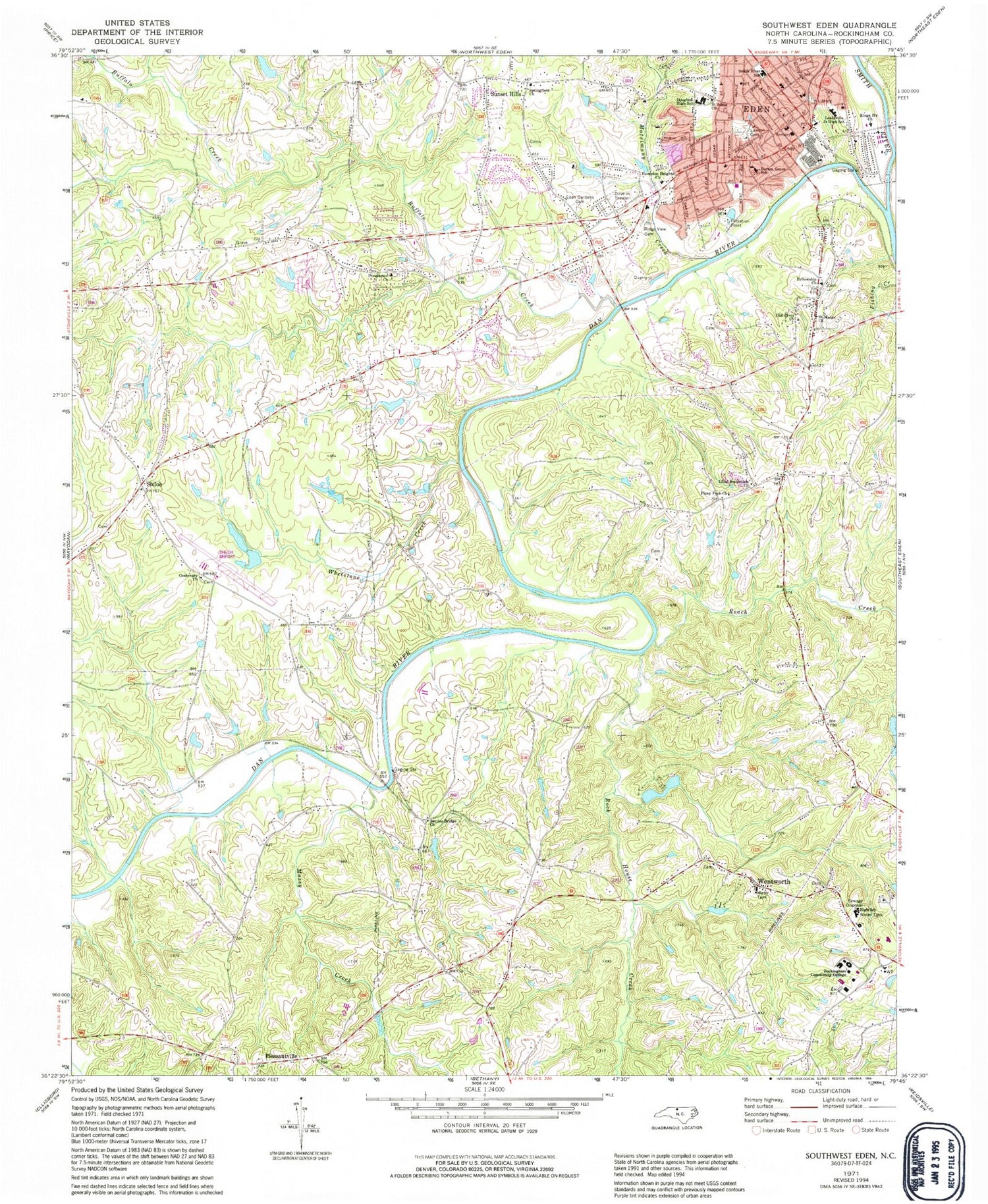 Classic USGS Southwest Eden North Carolina 7.5'x7.5' Topo Map Image