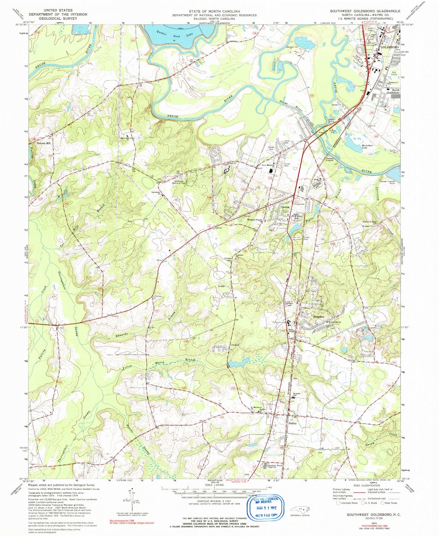 Classic USGS Southwest Goldsboro North Carolina 7.5'x7.5' Topo Map Image