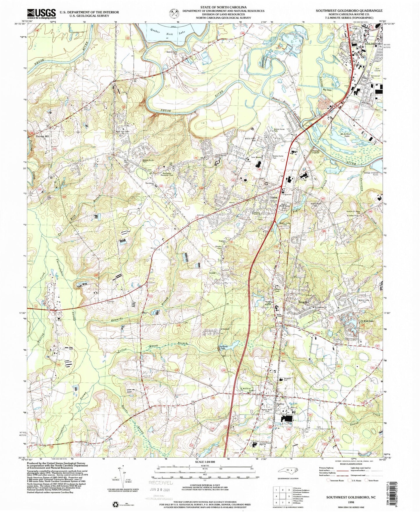 Classic USGS Southwest Goldsboro North Carolina 7.5'x7.5' Topo Map Image