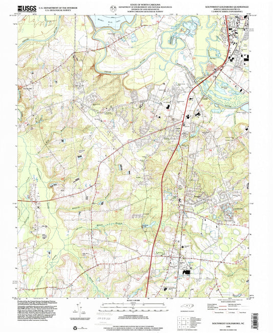 Classic USGS Southwest Goldsboro North Carolina 7.5'x7.5' Topo Map Image