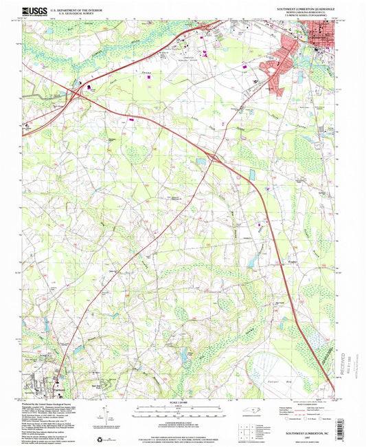Classic USGS Southwest Lumberton North Carolina 7.5'x7.5' Topo Map Image
