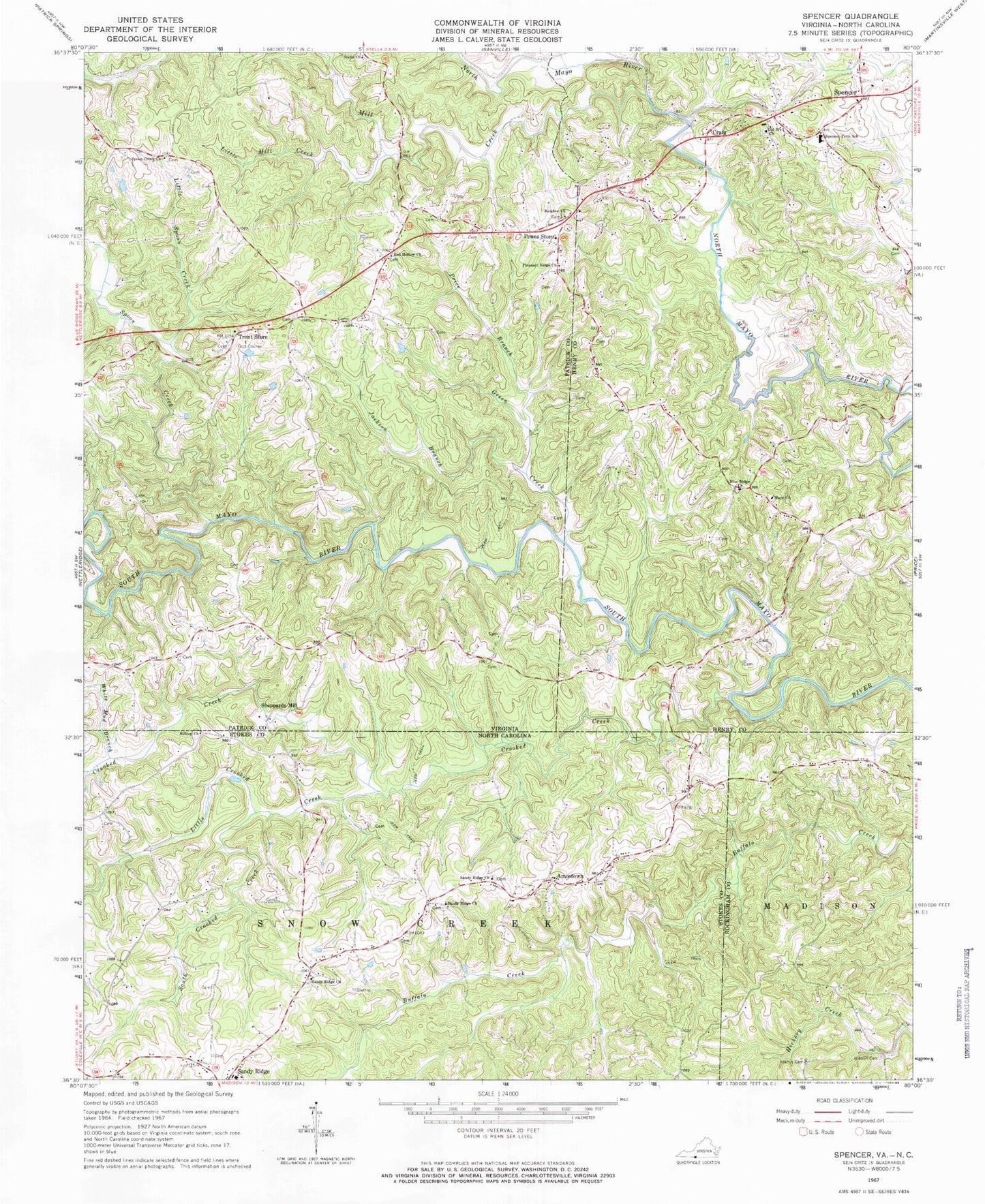Classic USGS Spencer Virginia 7.5'x7.5' Topo Map Image