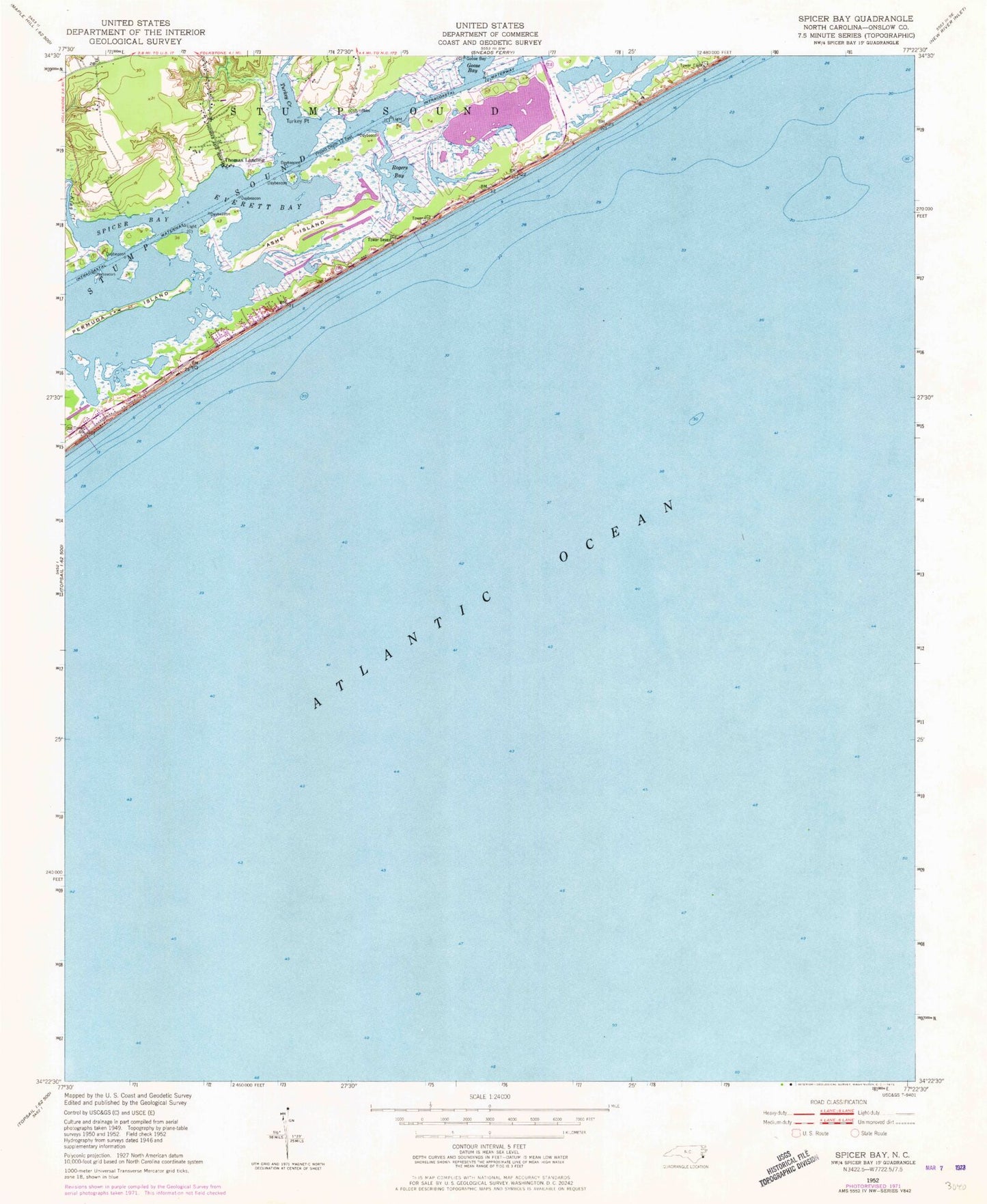 Classic USGS Spicer Bay North Carolina 7.5'x7.5' Topo Map Image