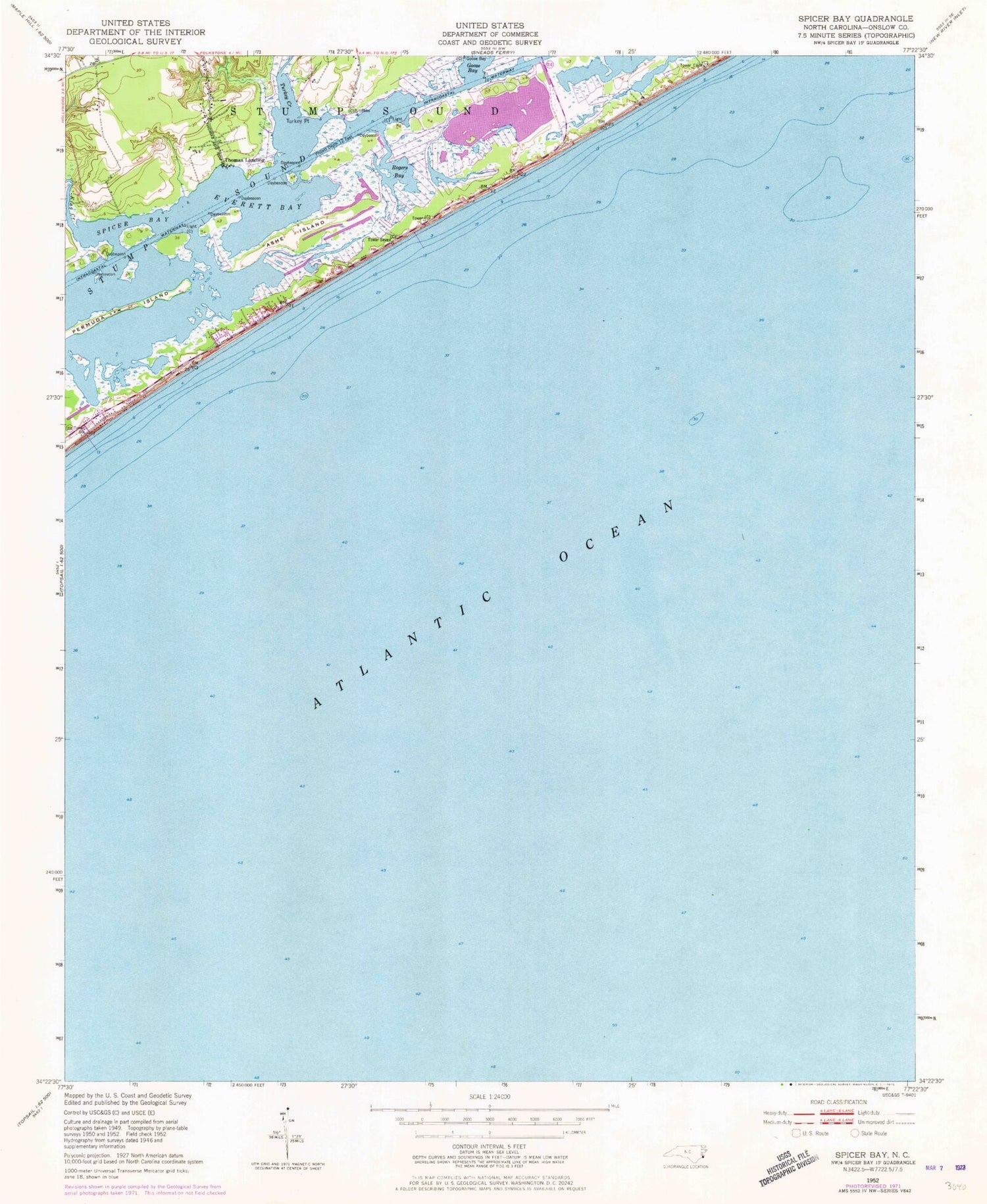 Classic USGS Spicer Bay North Carolina 7.5'x7.5' Topo Map Image