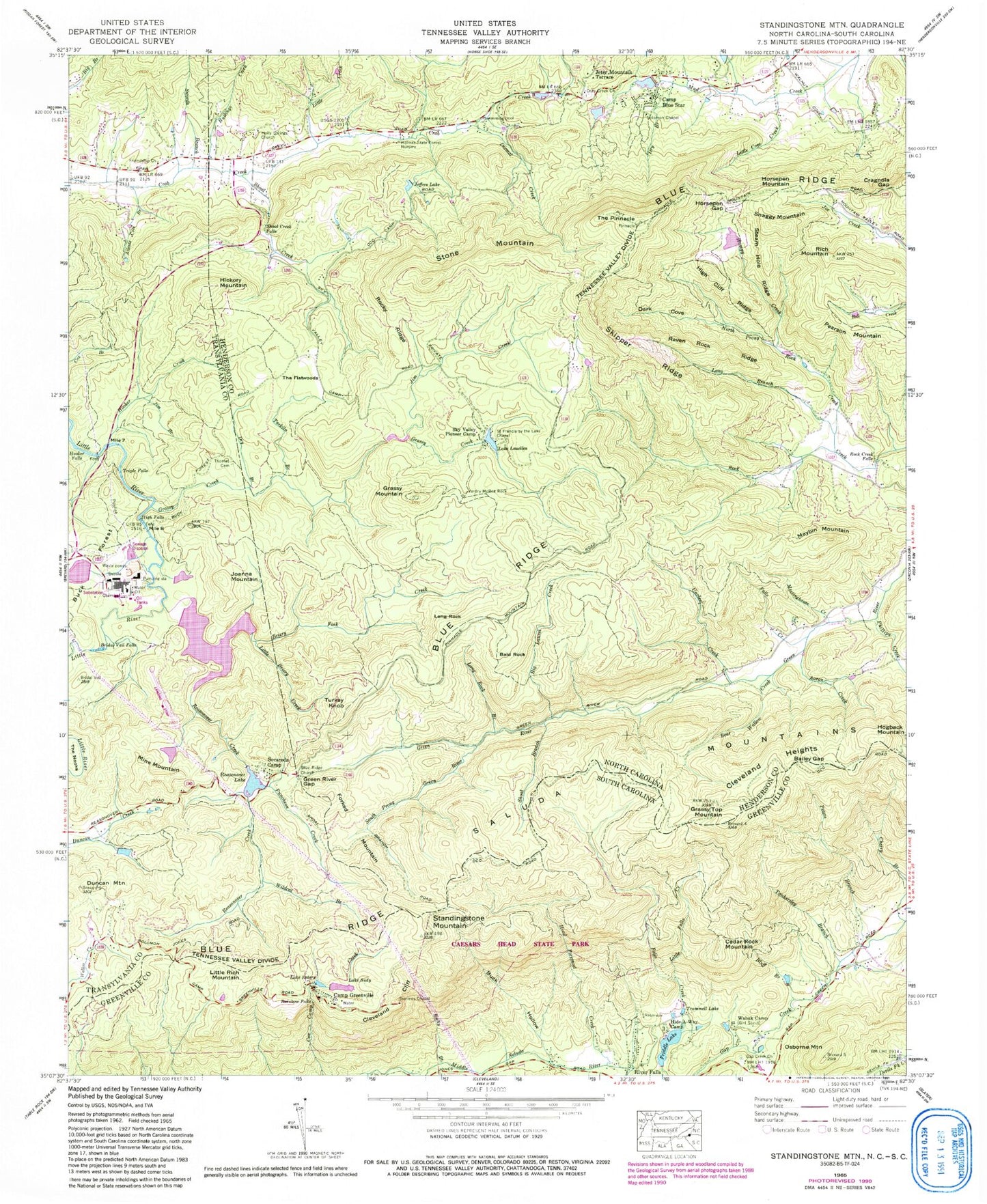 Classic USGS Standingstone Mountain South Carolina 7.5'x7.5' Topo Map Image