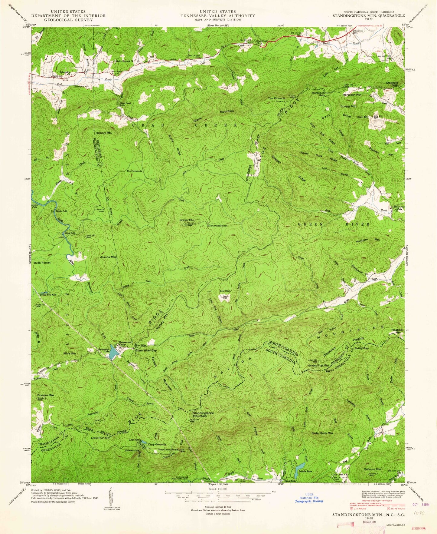Classic USGS Standingstone Mountain South Carolina 7.5'x7.5' Topo Map Image