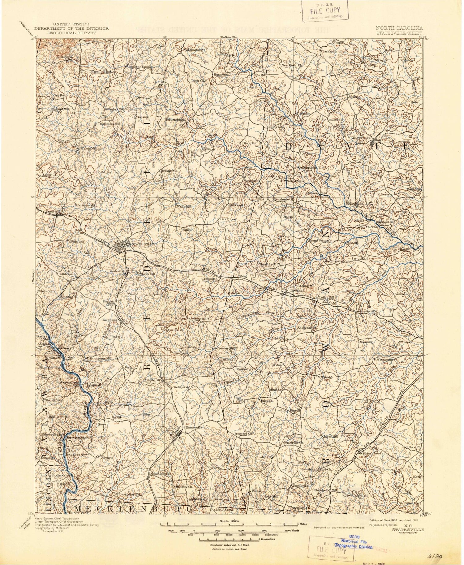 Historic 1893 Statesville North Carolina 30'x30' Topo Map Image