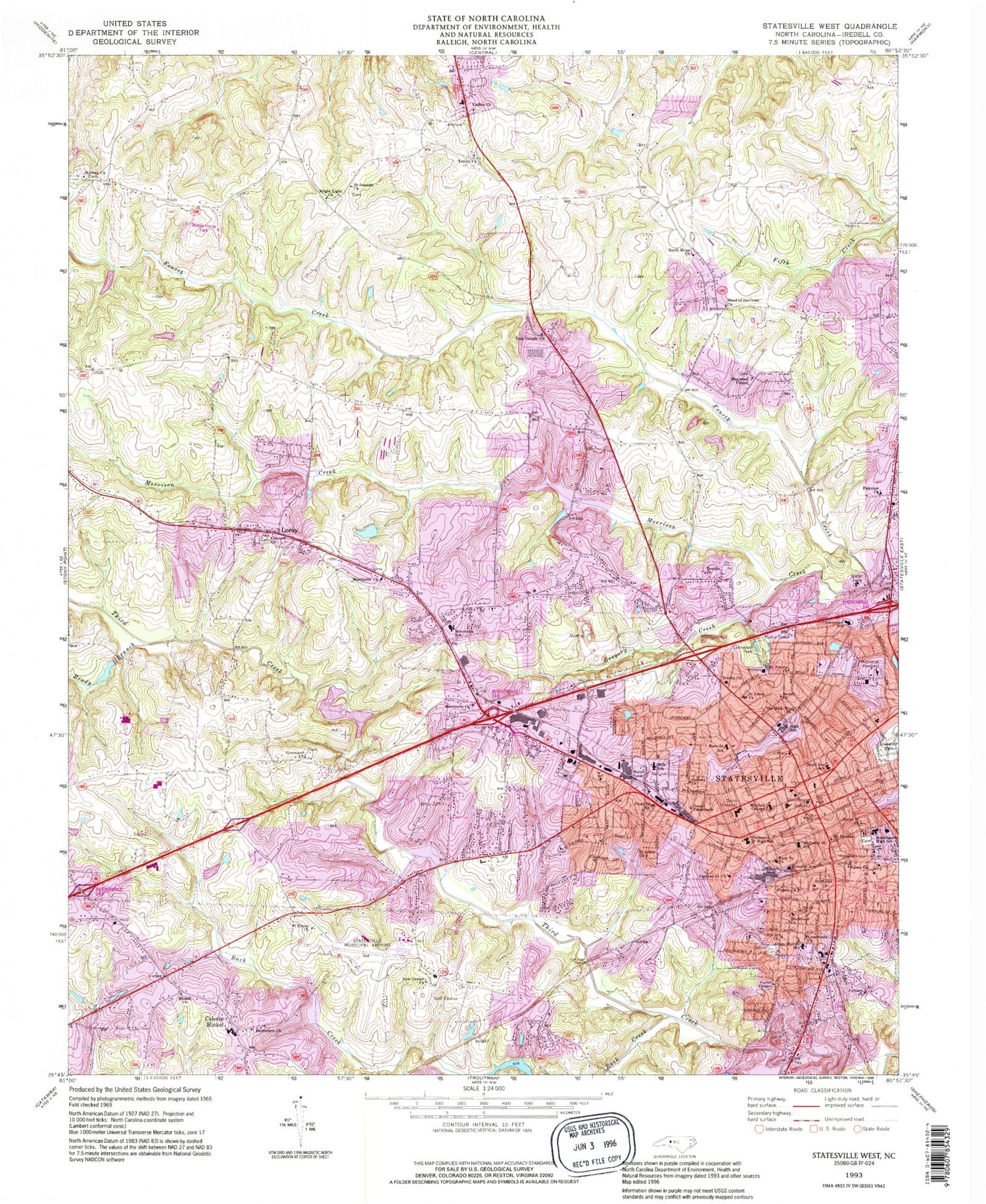 Classic USGS Statesville West North Carolina 7.5'x7.5' Topo Map Image