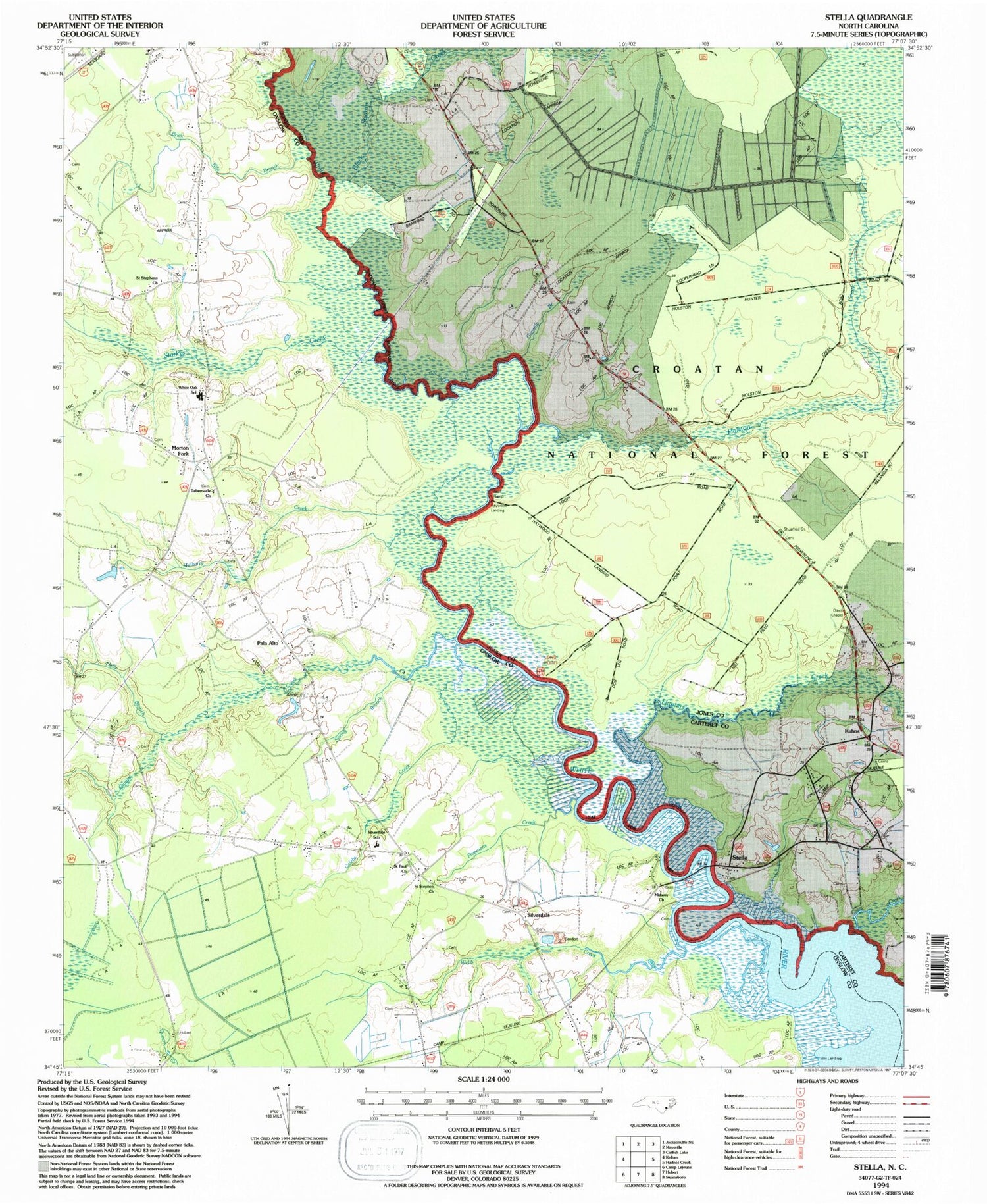 Classic USGS Stella North Carolina 7.5'x7.5' Topo Map Image