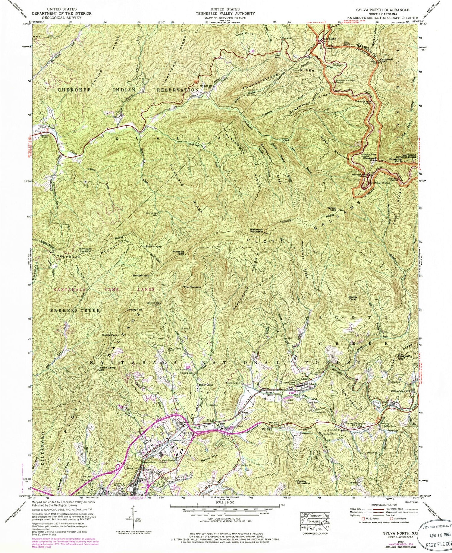 Classic USGS Sylva North North Carolina 7.5'x7.5' Topo Map Image