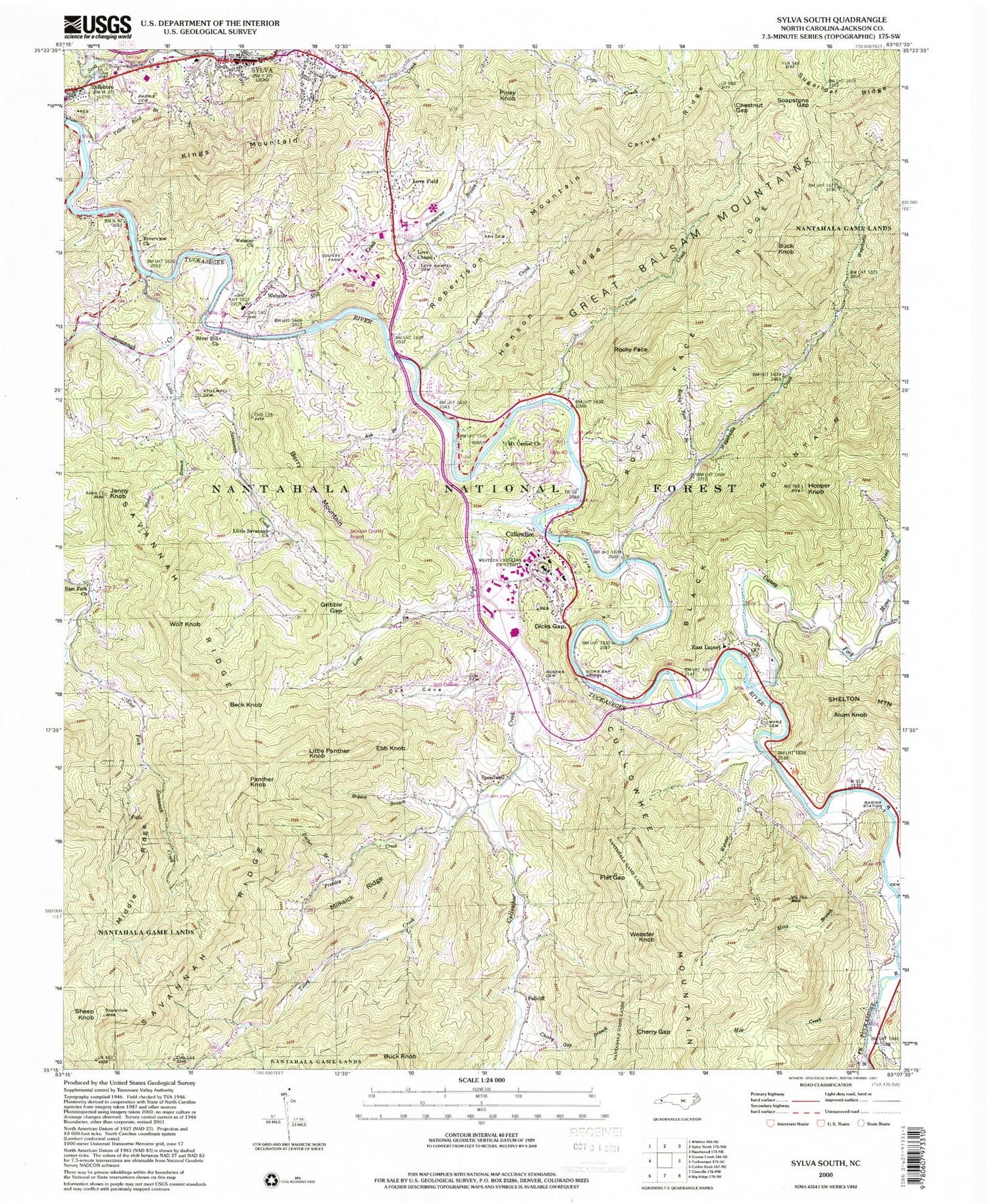 Classic USGS Sylva South North Carolina 7.5'x7.5' Topo Map Image