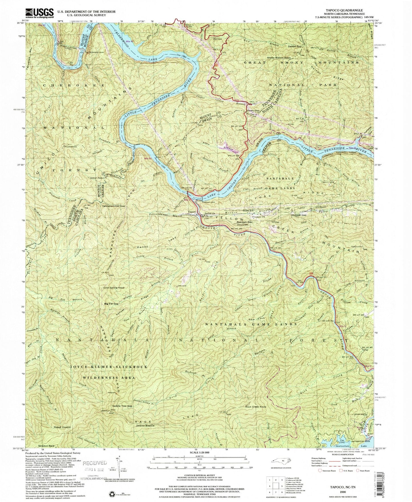 Classic USGS Tapoco North Carolina 7.5'x7.5' Topo Map Image