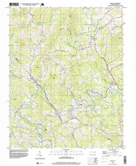 Classic USGS Todd North Carolina 7.5'x7.5' Topo Map Image