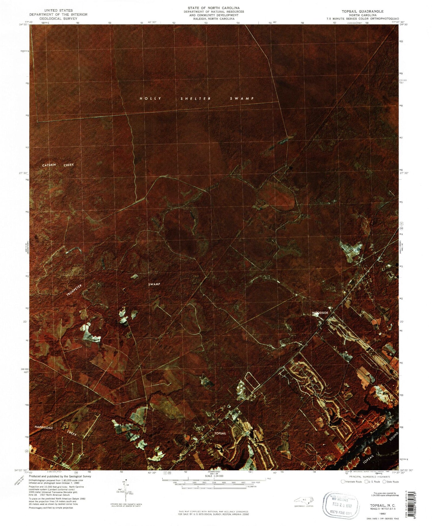 Classic USGS Topsail North Carolina 7.5'x7.5' Topo Map Image