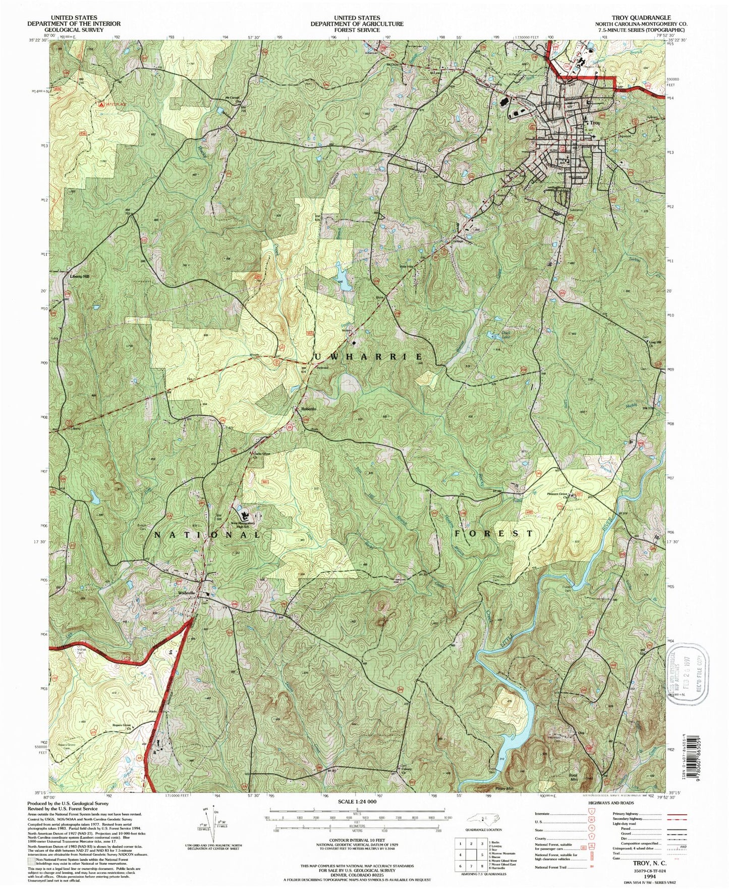 Classic USGS Troy North Carolina 7.5'x7.5' Topo Map Image