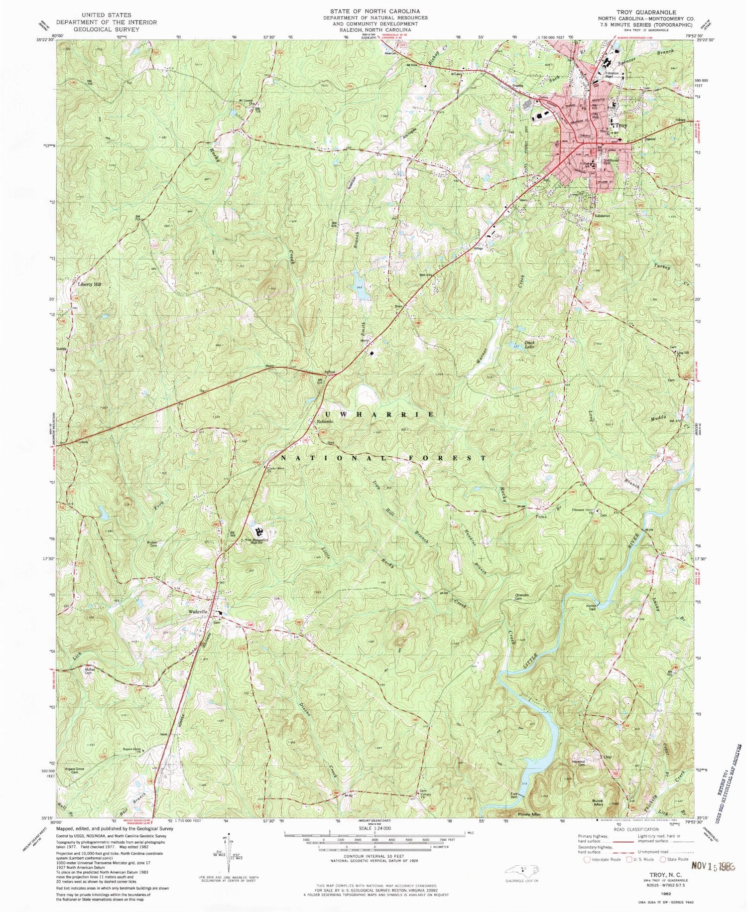 Classic USGS Troy North Carolina 7.5'x7.5' Topo Map Image