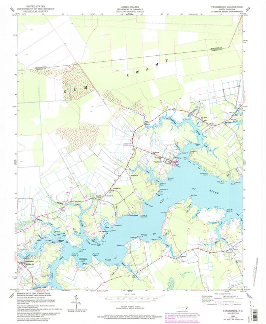 Classic USGS Vandemere North Carolina 7.5'x7.5' Topo Map Image
