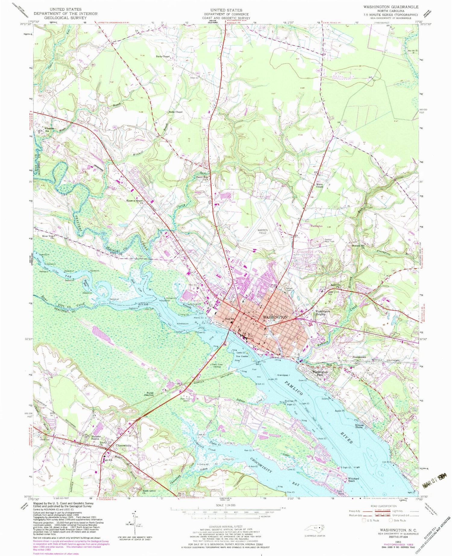 Classic USGS Washington North Carolina 7.5'x7.5' Topo Map Image