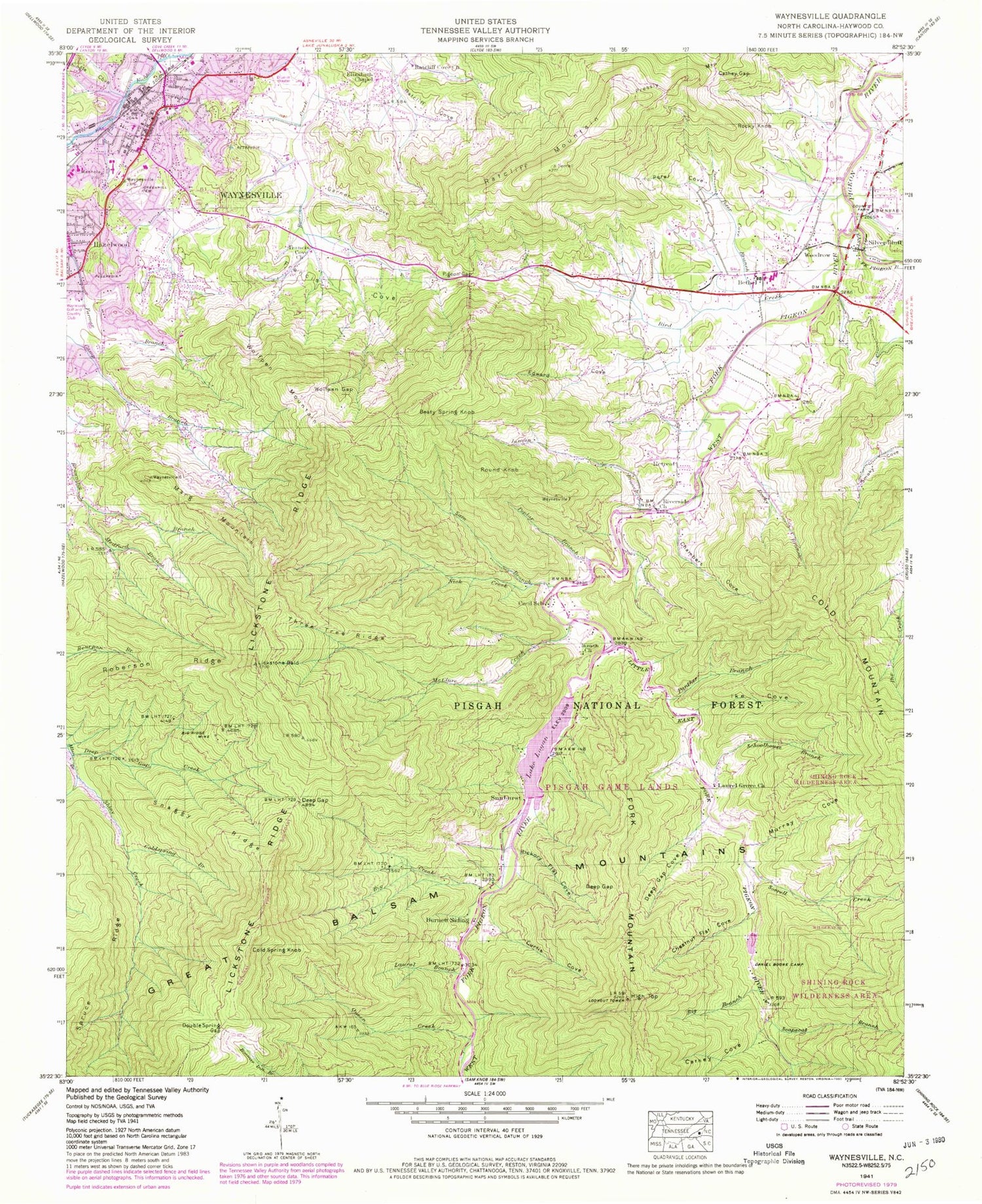Classic USGS Waynesville North Carolina 7.5'x7.5' Topo Map Image