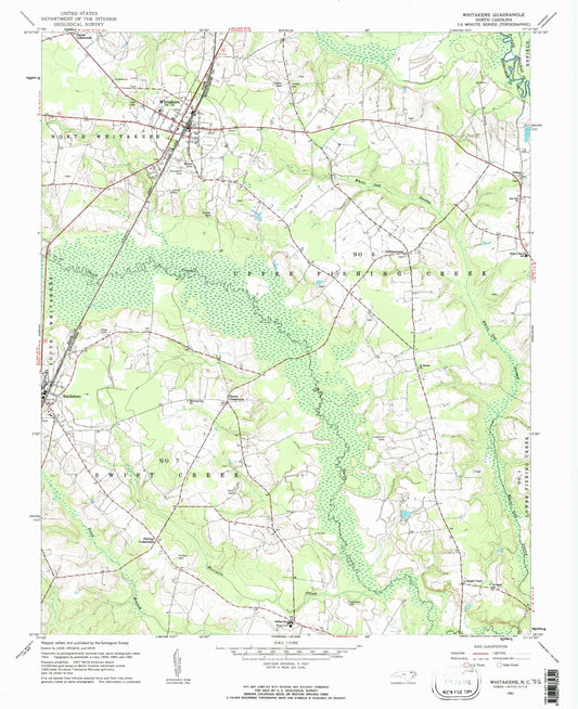 Classic USGS Whitakers North Carolina 7.5'x7.5' Topo Map Image