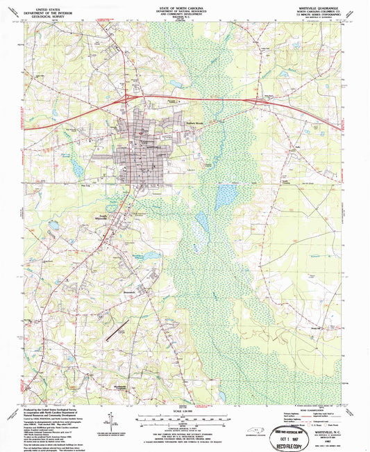 Classic USGS Whiteville North Carolina 7.5'x7.5' Topo Map Image
