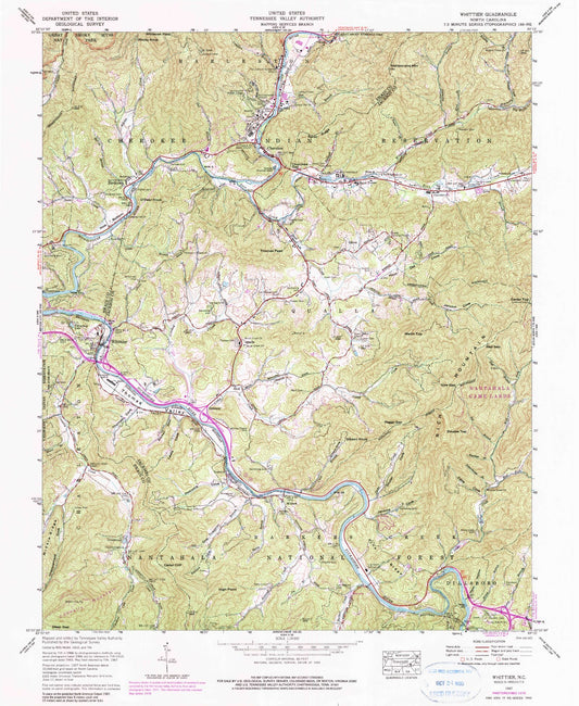 Classic USGS Whittier North Carolina 7.5'x7.5' Topo Map Image