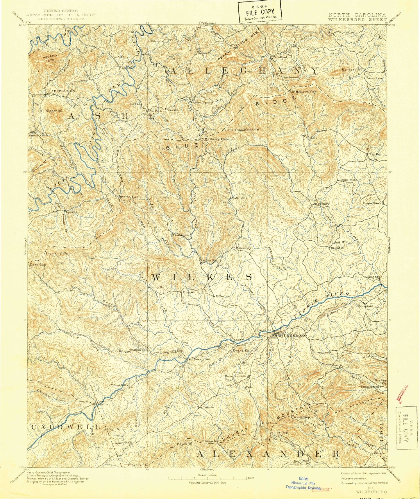 Historic 1891 Wilkesboro North Carolina 30'x30' Topo Map Image