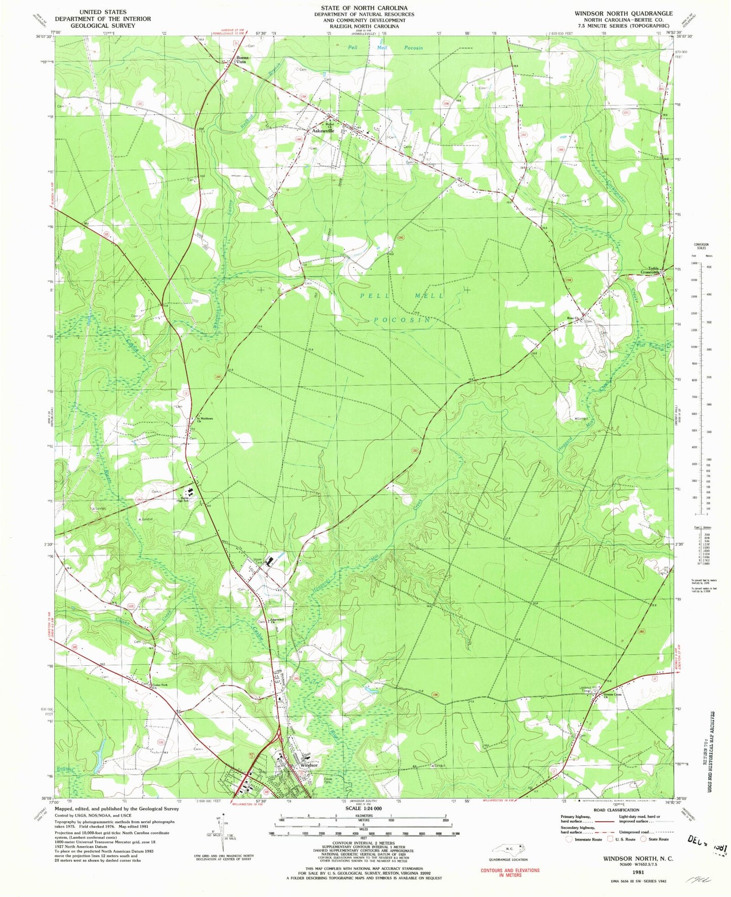 Classic USGS Windsor North North Carolina 7.5'x7.5' Topo Map Image