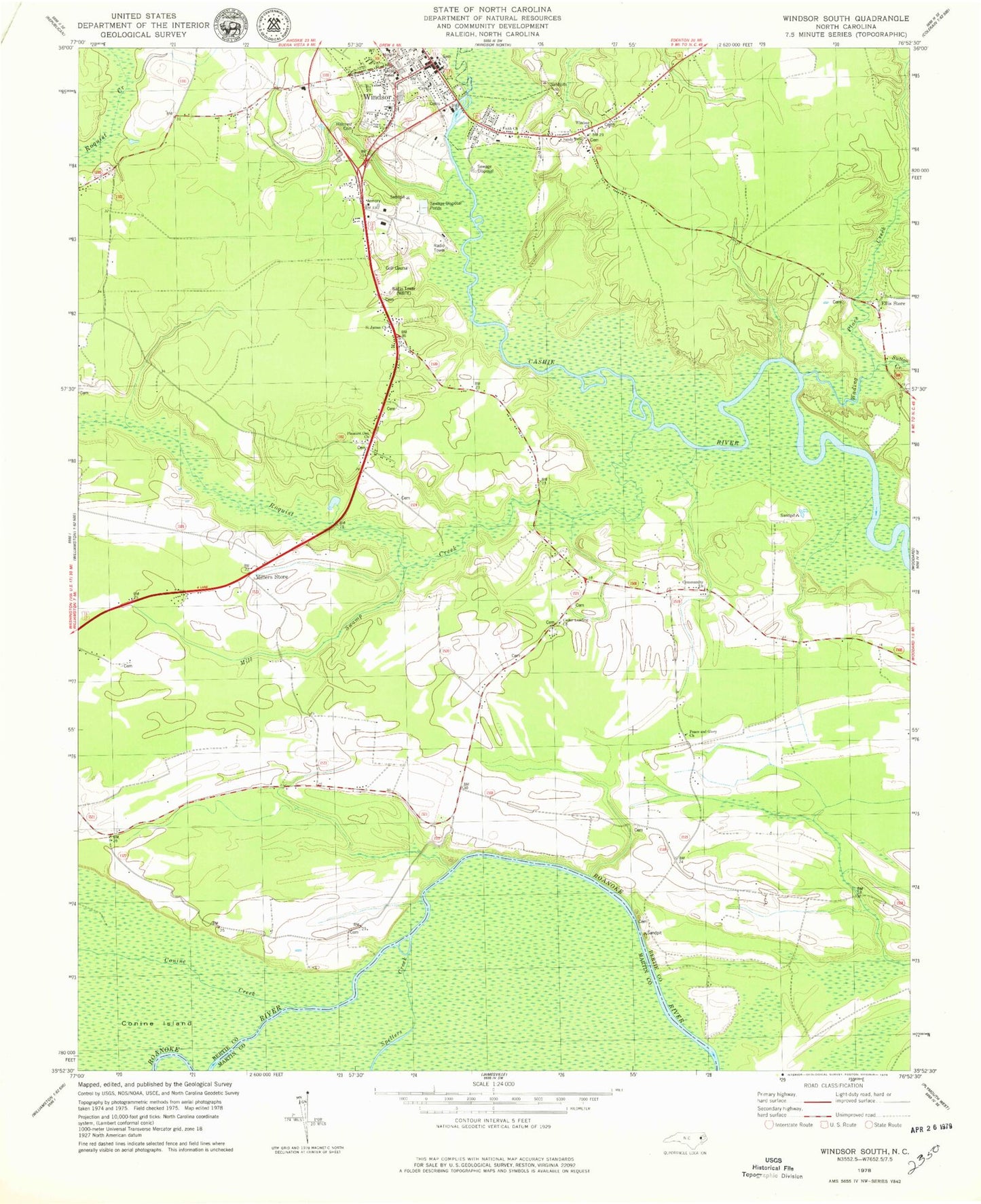 Classic USGS Windsor South North Carolina 7.5'x7.5' Topo Map Image