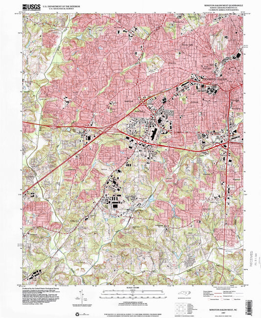 Classic USGS Winston-Salem West North Carolina 7.5'x7.5' Topo Map Image