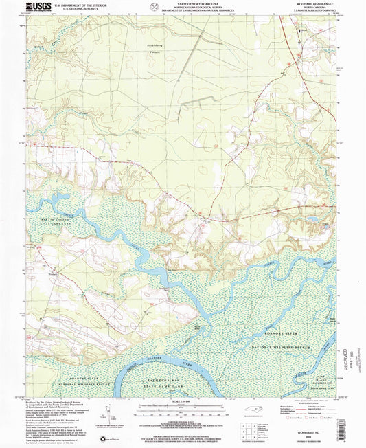 Classic USGS Woodard North Carolina 7.5'x7.5' Topo Map Image