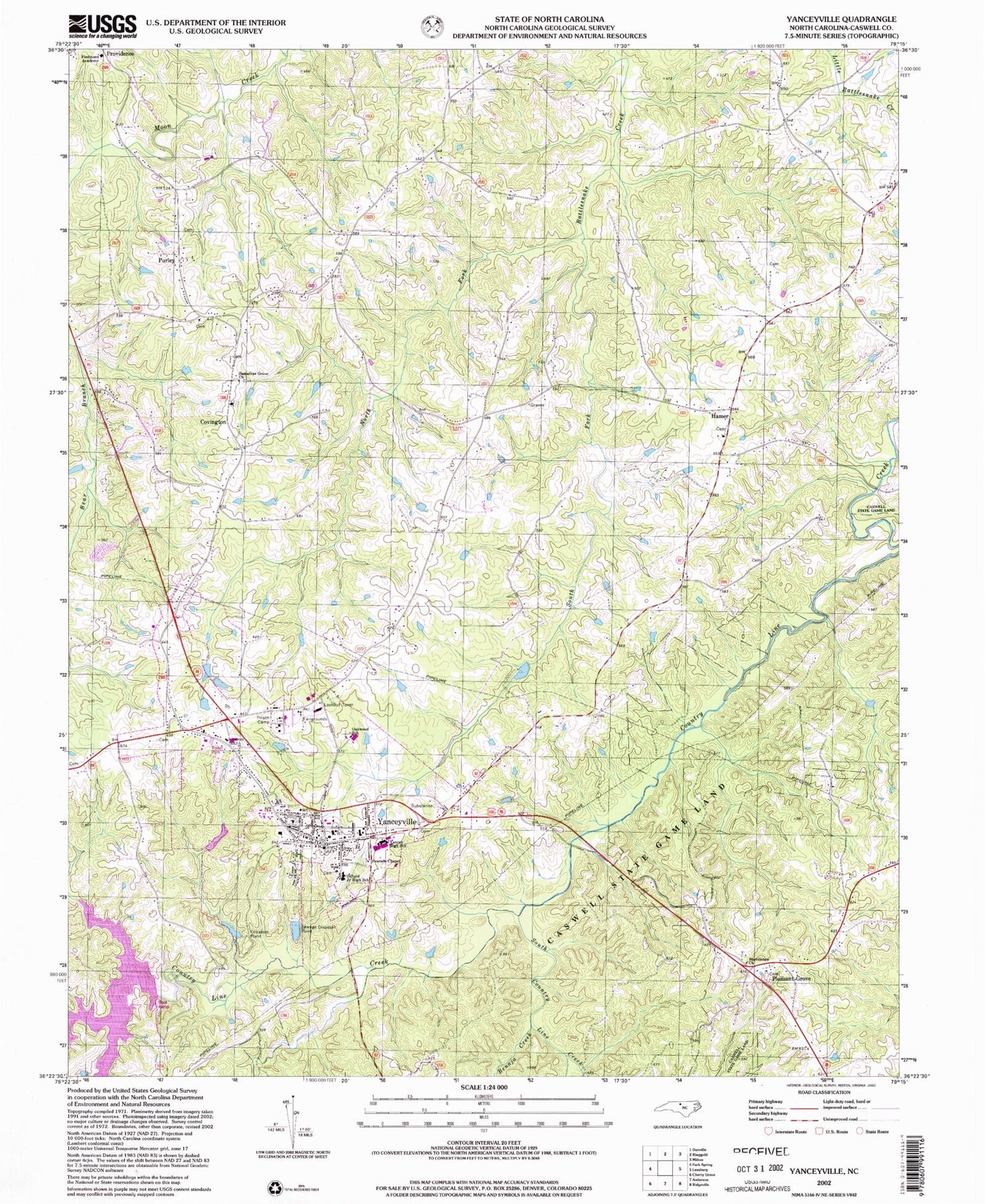 Classic USGS Yanceyville North Carolina 7.5'x7.5' Topo Map Image