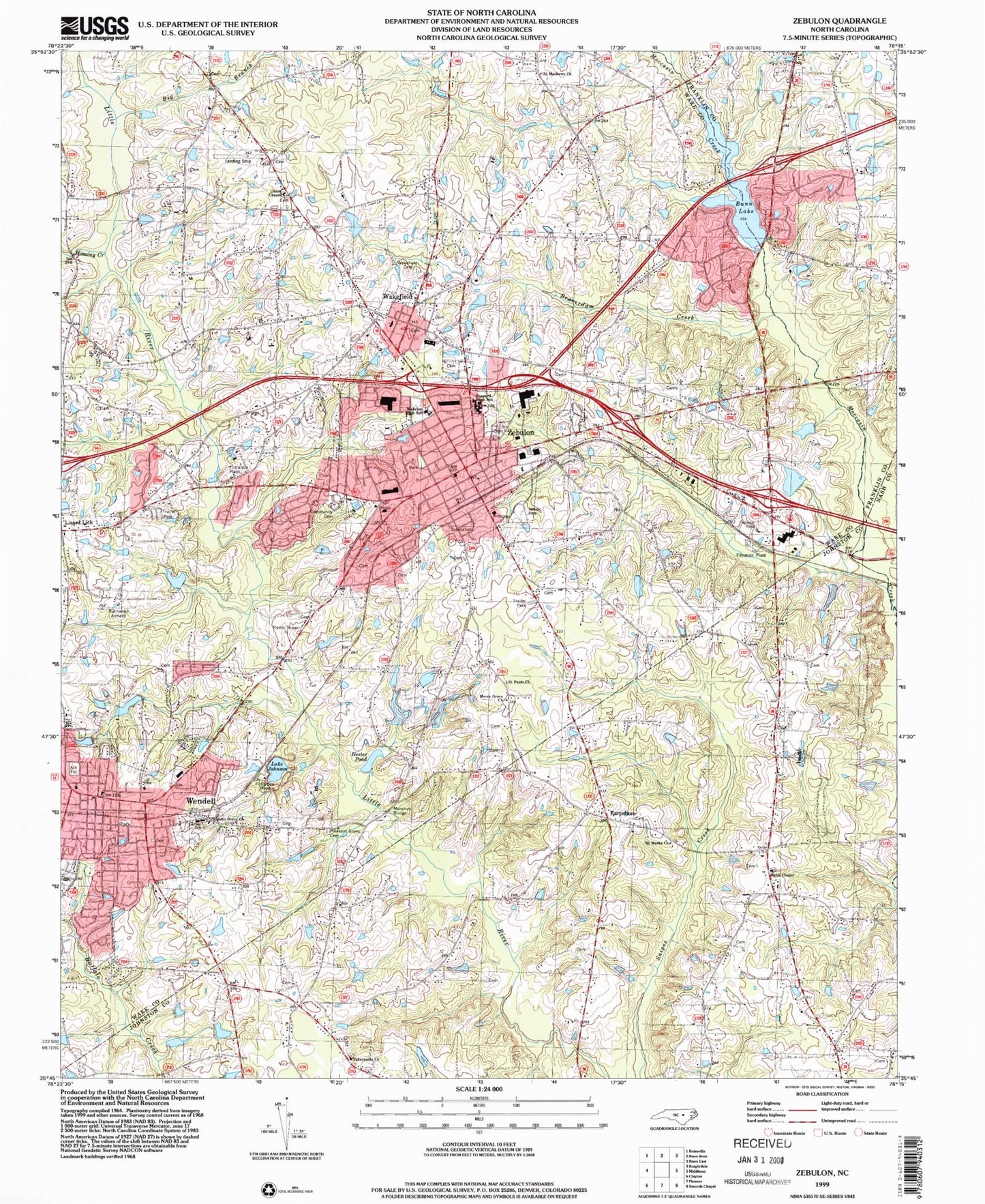 Classic USGS Zebulon North Carolina 7.5'x7.5' Topo Map Image