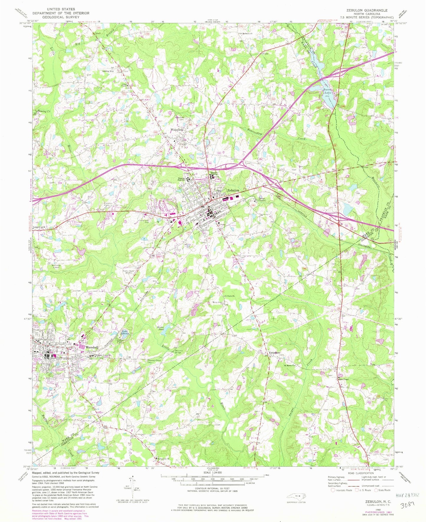 Classic USGS Zebulon North Carolina 7.5'x7.5' Topo Map Image