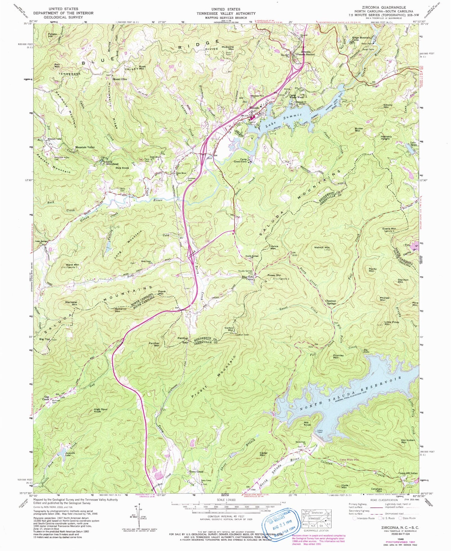 Classic USGS Zirconia North Carolina 7.5'x7.5' Topo Map Image