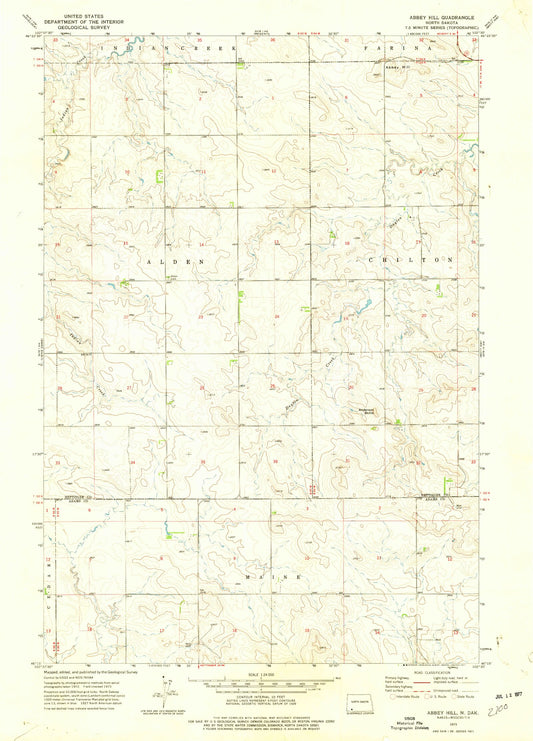 Classic USGS Abbey Hill North Dakota 7.5'x7.5' Topo Map Image