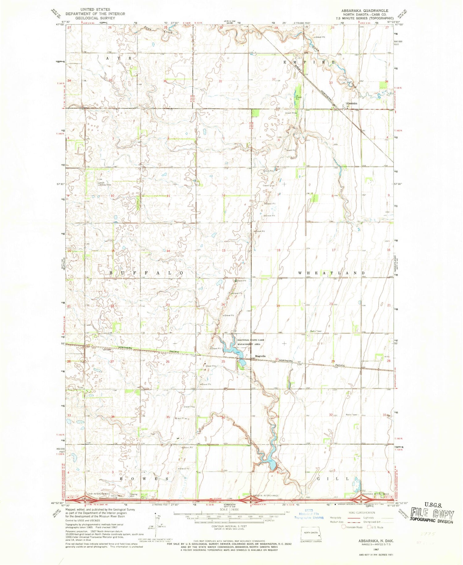 Classic USGS Absaraka North Dakota 7.5'x7.5' Topo Map Image