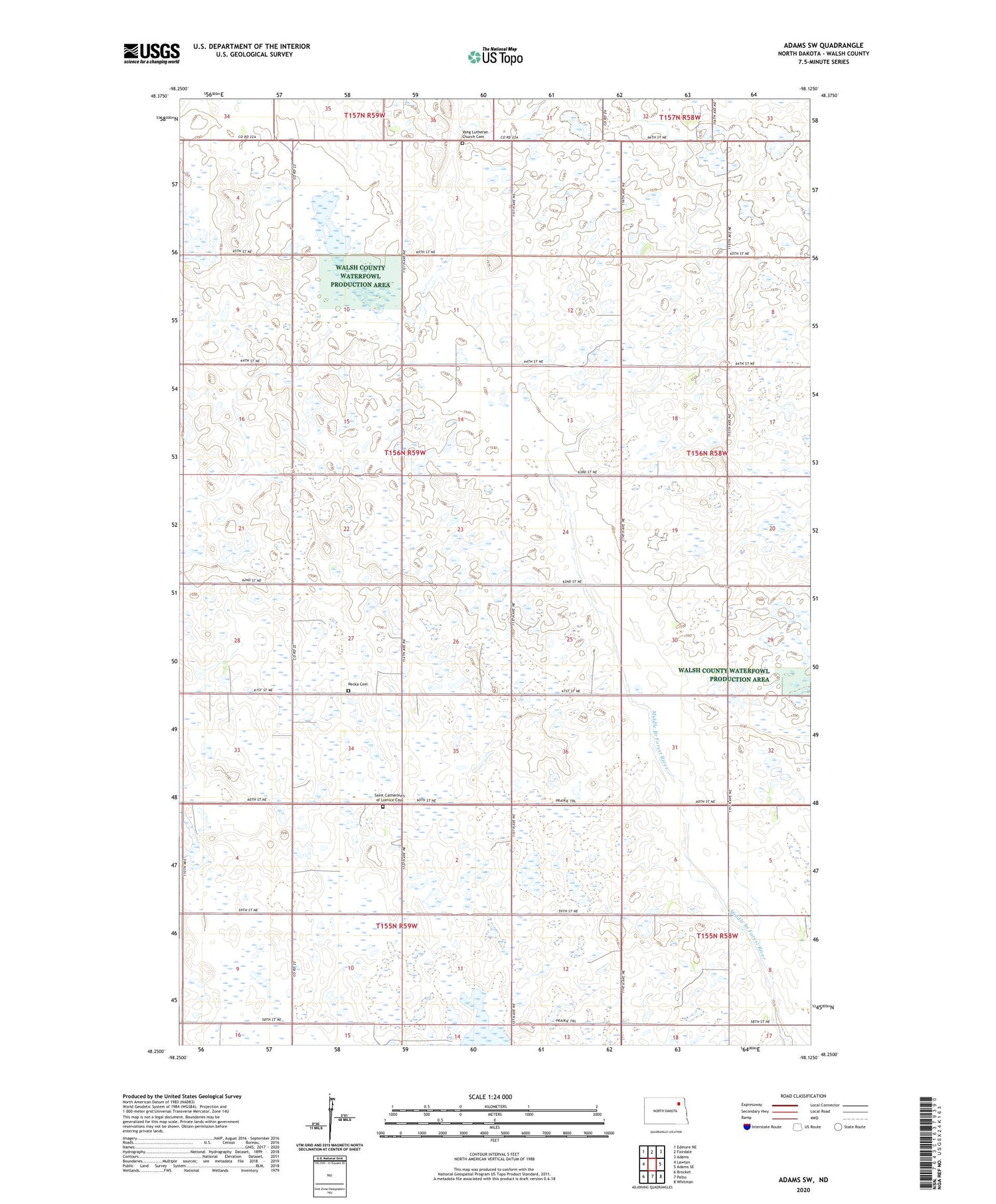 Adams SW North Dakota US Topo Map Image