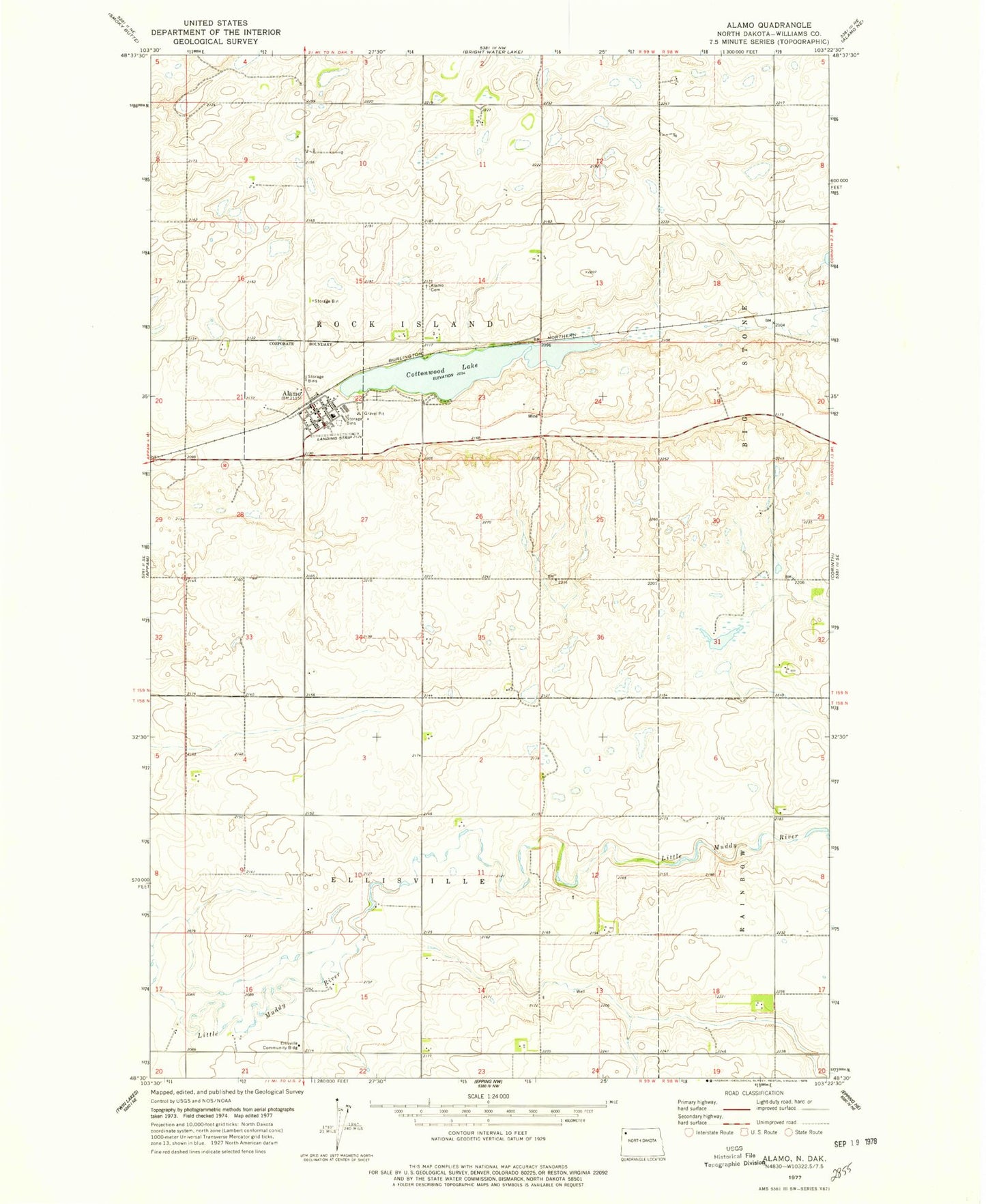 Classic USGS Alamo North Dakota 7.5'x7.5' Topo Map Image
