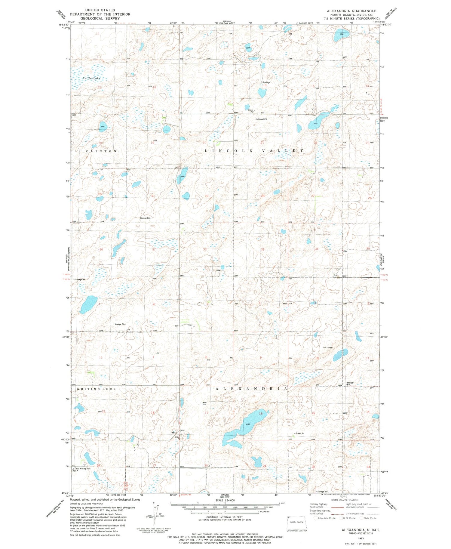 Classic USGS Alexandria North Dakota 7.5'x7.5' Topo Map Image