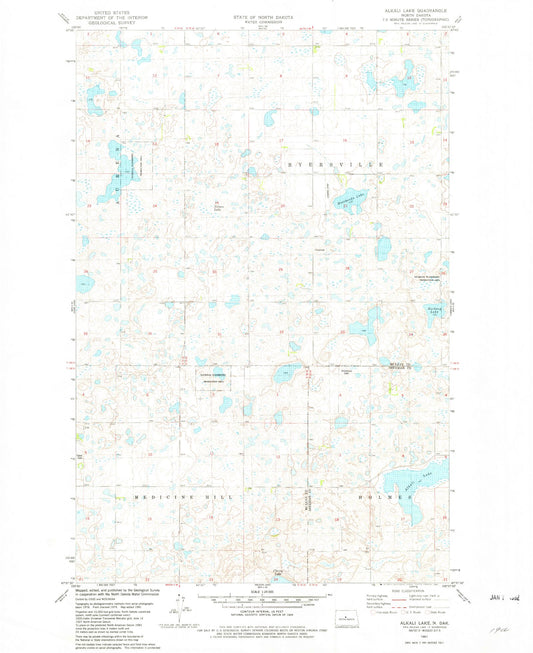 Classic USGS Alkali Lake North Dakota 7.5'x7.5' Topo Map Image