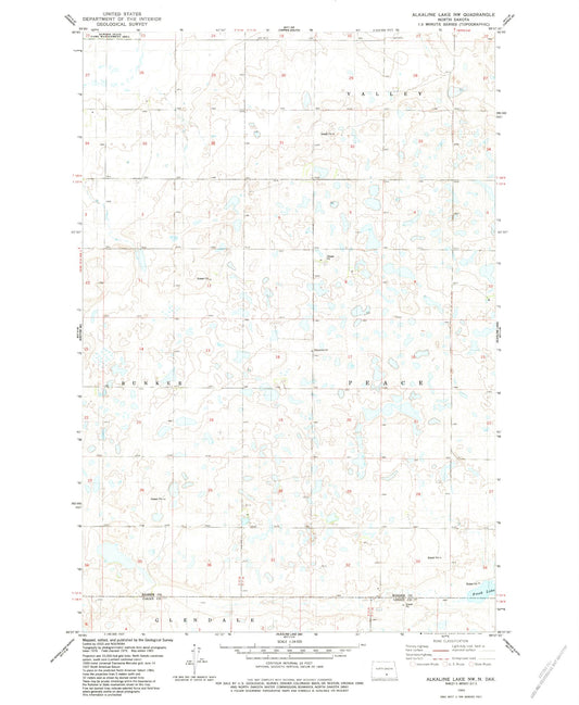 Classic USGS Alkaline Lake NW North Dakota 7.5'x7.5' Topo Map Image