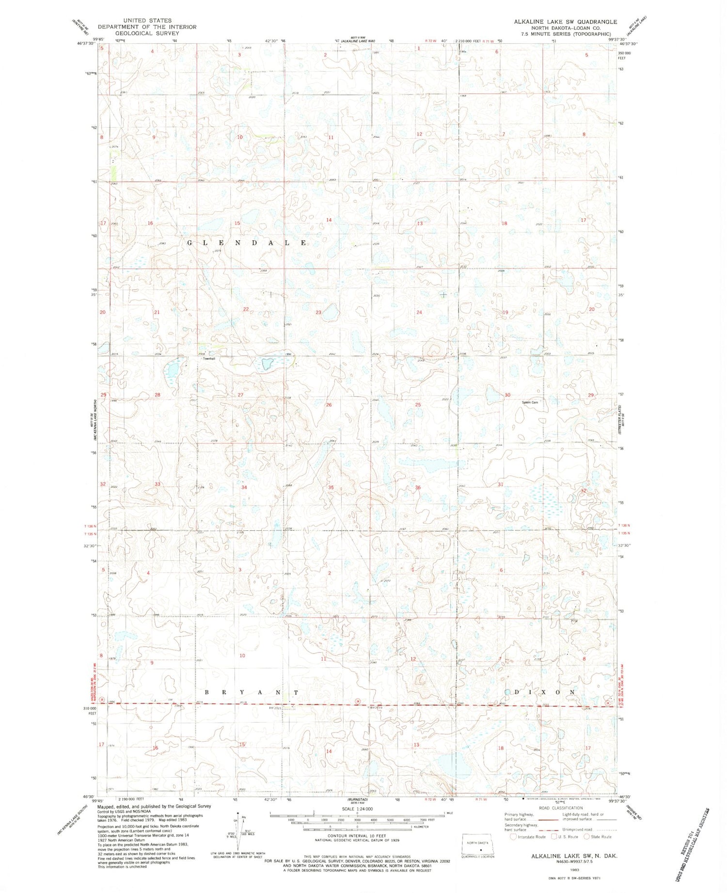 Classic USGS Alkaline Lake SW North Dakota 7.5'x7.5' Topo Map Image