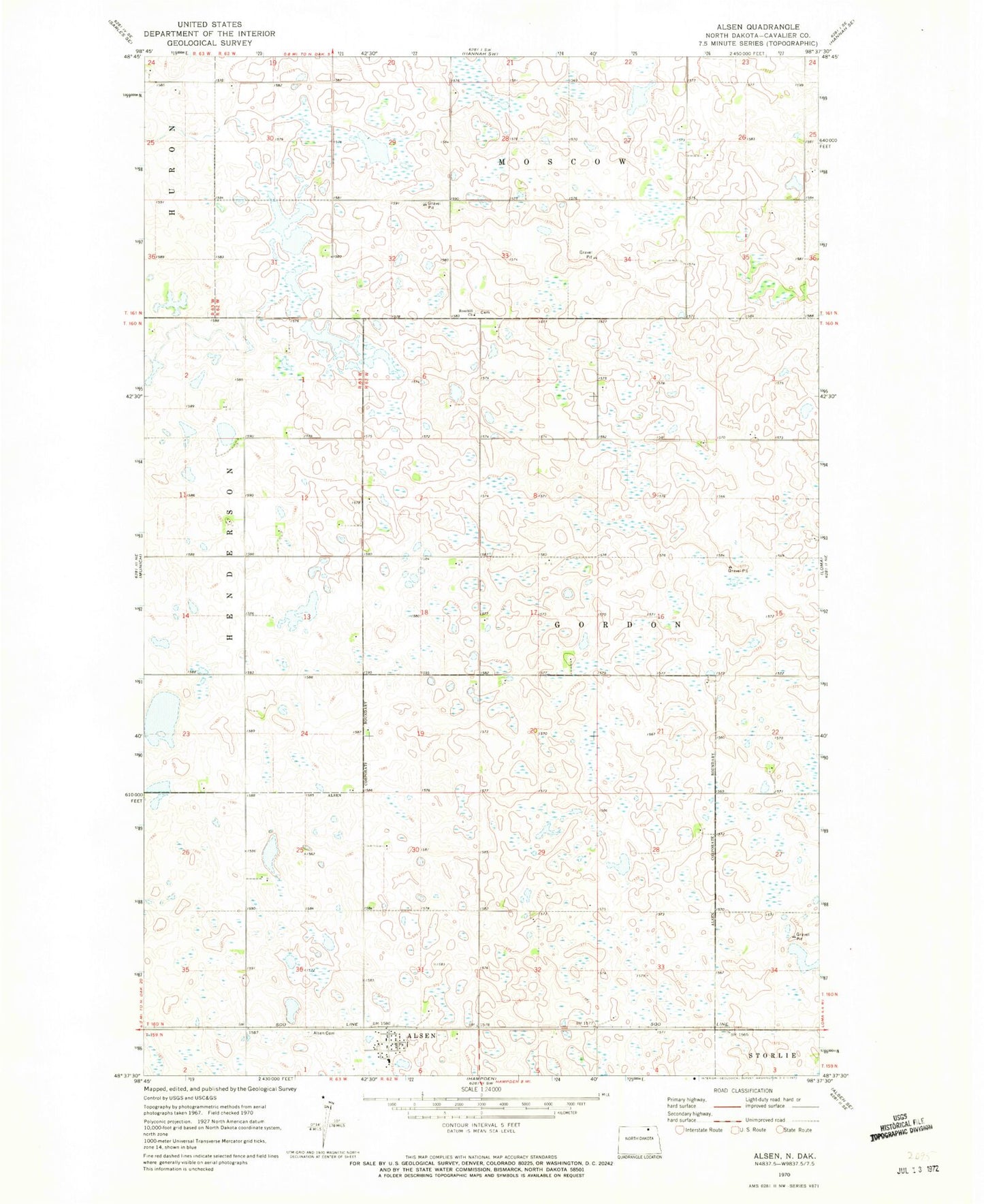 Classic USGS Alsen North Dakota 7.5'x7.5' Topo Map Image