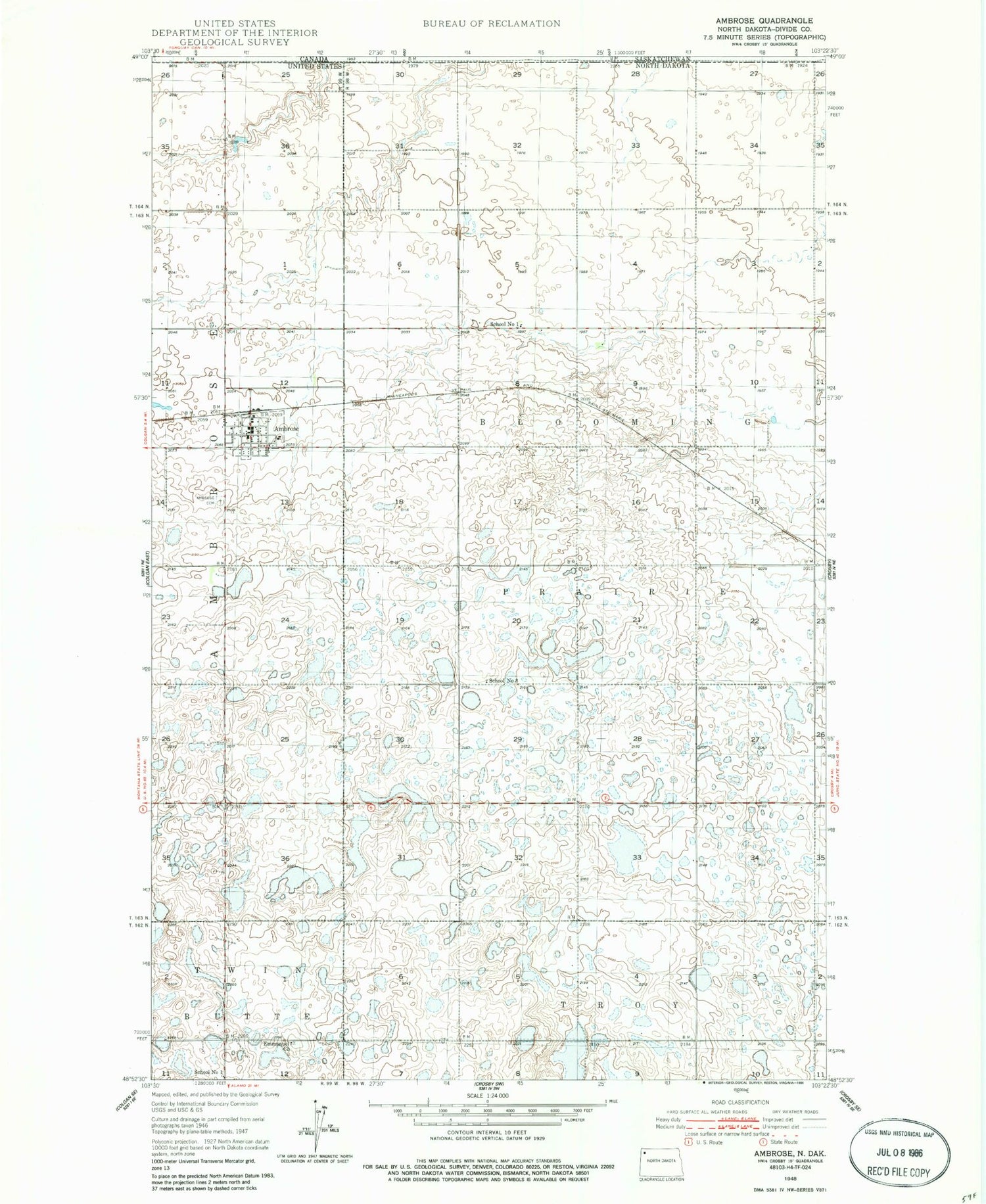 Classic USGS Ambrose North Dakota 7.5'x7.5' Topo Map Image